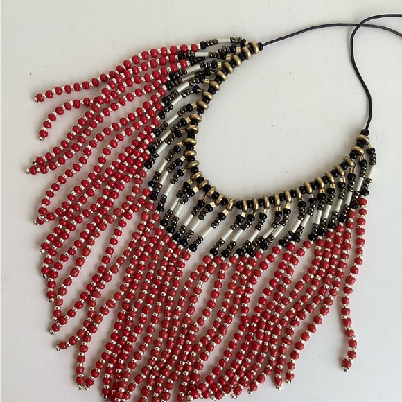 Red and gold fringed western tribal boho festival waterfall handmade necklace - Picture 3 of 4